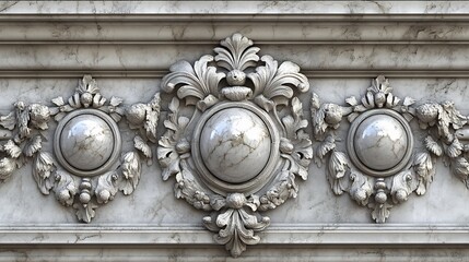 Ornate silver decorative garland with oval medallions on marble background
