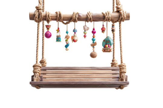 Hanging Bird Swing with Miniature Toys and Colorful Accents, Front View, Isolated on Transparent Background