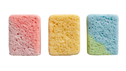 Three colorful rectangular sponges, side-by-side, in pastel shades of pink, yellow, and teal/light blue.  The sponges' porous texture is visible