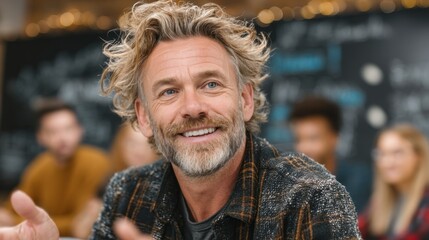 A smiling man with a warm expression, his dishevelled hair and friendly face, seen in a well-lit indoor setting amongst a group of people.