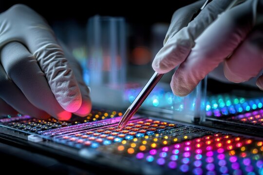 Gloved tweezers over colorful microarray slide