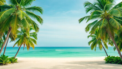 Fototapeta premium tropical beach wallpaper, palm trees seaside, exotic beach background, blue ocean photo, summer holiday beach, paradise island wallpaper, tropical sea view, beach vacation scene, palm beach wallpaper
