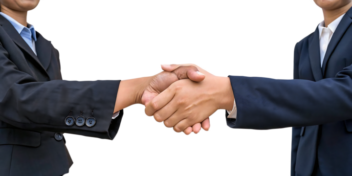 Two business people shaking hands in dark suits isolated on a transparent background