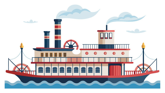 Charming vector illustration of a vintage paddle steamer boat sailing on water under cloudy sky depicting classic transportation and nostalgia
