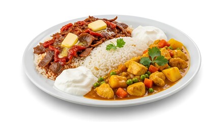 Mixed Plate with Rice, Meat, and Curry.