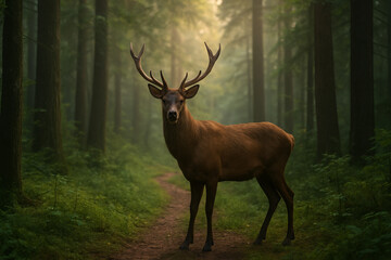 A majestic red deer stag with large antlers stands on a tranquil path in a sunlit, misty green forest, gazing forward with a powerful presence