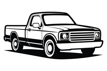 Classic Pickup Truck Illustration, Monochrome Design on White Background, Automotive Icon