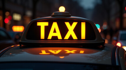 Taxi rooftop sign glowing in city traffic during night urban commute scene