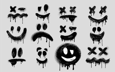 Obraz na płótnie Canvas Set of grunge graffiti faces with spray effect, expressive smile icons, street art style. Vector grunge graffiti. Funky urban emotion symbols, backdrop, bold vector design with raw paint texture.
