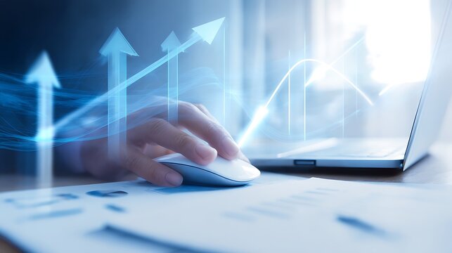 Hand using computer mouse with upward arrows and financial chart overlays on desk - Powered by Adobe