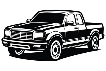 Classic Pickup Truck Black and White Outline Isolated on White Background