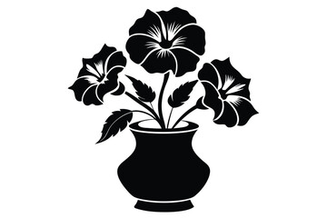 Decorative Flower Arrangement in Pot in Silhouette Style on White Background