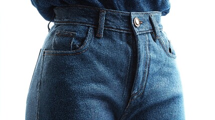 Close-up of a person's waist wearing mid-rise, straight-leg jeans;  dark wash denim with visible stitching, pockets, and button closure against a white background