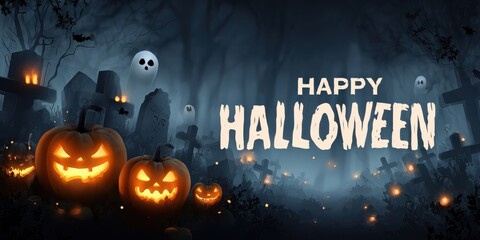 Jack-o-lanterns illuminate the dark setting of a graveyard filled with tombstones, bats flying overhead, and a festive Halloween greeting prominently displayed.
