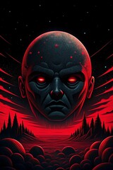 Zombie head with red eyes and red blood on a dark background