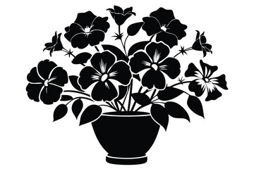 Elegant Black Floral Silhouette in Pot with Decorative Leaves on White
