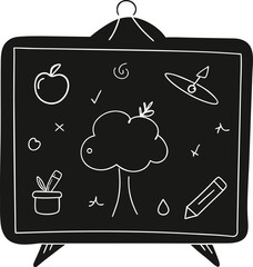 Doodle style blackboard with drawings of an apple tree and school supplies isolated on white background isolated on transparent background silhouette