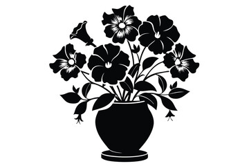 Black Petunia Flowers in Pot Silhouette on White Background Floral Decorative Art