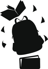 Black silhouette of a backpack and books flying through the air isolated on white background isolated on transparent background
