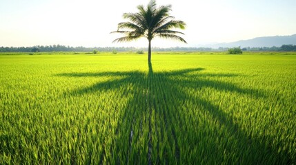 Single palm tree casts shadow across a vast rice paddy field at sunrise