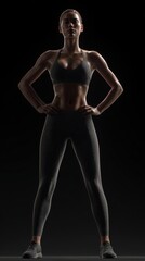 Naklejka premium A fit athlete stands boldly with hands on hips in a dark studio, highlighting her toned physique. The expression conveys confidence and focus, embodying strength and athleticism.