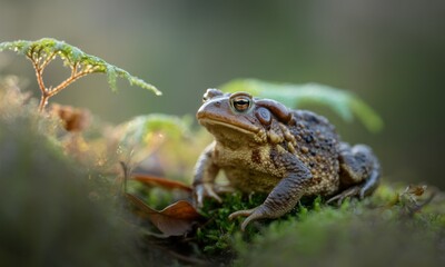 Obraz premium Close-up of toad on mossy ground. Soft light highlights textured skin. Fern visible in the background