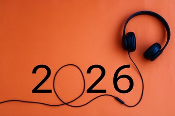 happy new year 2026. Year 2026 with headphones. creativity inspiration, planning ideas concept. Colorful background.