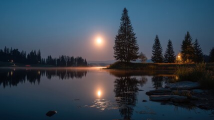 Still lake at dusk with a bright moon reflecting on the water.