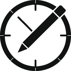 Black silhouette of a pencil and clock hands indicating time for writing or education isolated on white background isolated on transparent background