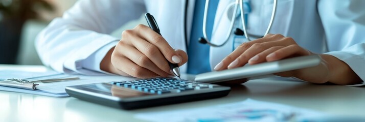 Female Doctor Analyzing Medical Charts and Computing Expenses with Calculator and Tablet at Clinic