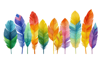 Rainbow feathers in a horizontal row.  Vibrant colors.  Watercolor effect