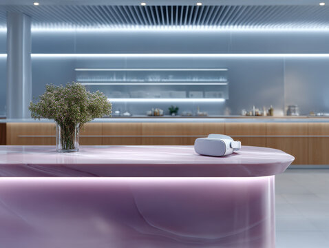 Virtual reality headset resting on modern kitchen counter