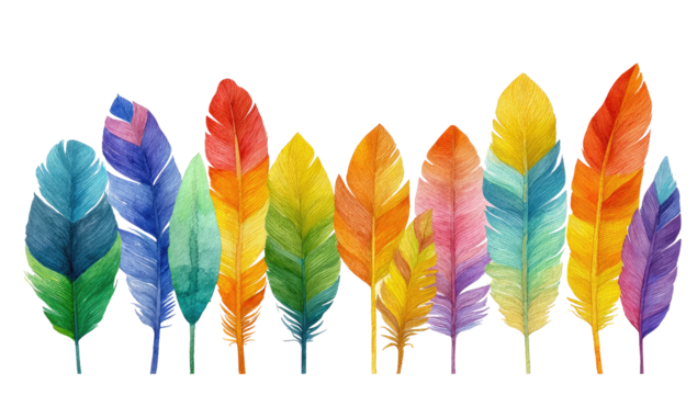 Rainbow feathers in a horizontal row.  Vibrant colors.  Watercolor effect