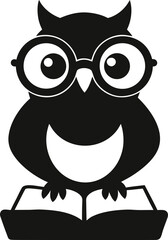 Cute cartoon owl wearing glasses reading a book silhouette isolated on white background isolated on transparent background