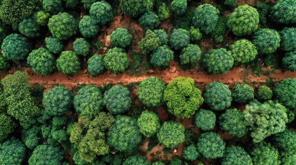 High-angle view of a dense plantation of trees, showcasing a network of pathways winding through the vibrant greenery.