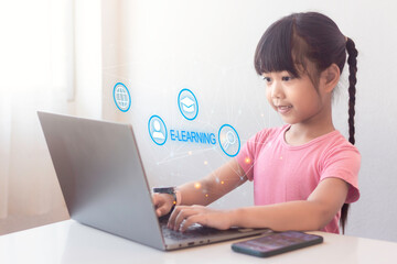Laptop, home education and happy child learning, kindergarten homework or remote school work. Knowledge website, learning software and young kid streaming youth development lesson.