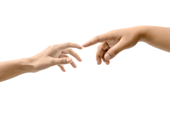 Two human hands reaching for each other on white background png isolated on a transparent background