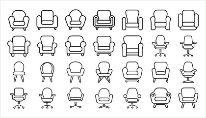 Chair Icon Set Vector, Sofa Armchair Office Seat Outline Illustration, Modern Furniture Line Art