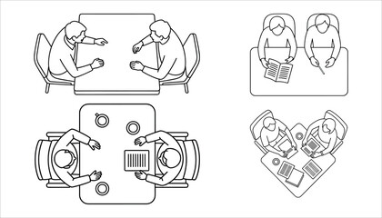 Business Meeting Vector, Office Teamwork Collaboration Top View Illustration, People Working Outline Icon Set