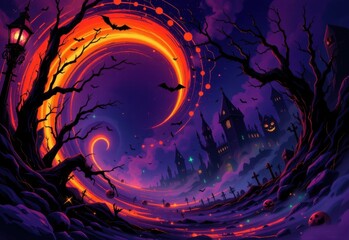 abstract halloween scene with swirling orange arcs, jagged black lines, purple haze, and neon green sparks, scary chaotic mood created non figuratively.