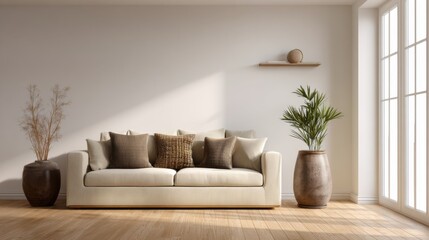 Beige sofa with brown pillows in minimalist living room Wooden floor plant and window