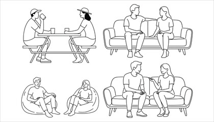 Couple Conversation Line Art Vector, People Sitting Talking on Sofa and Bean Bag, Minimal Outline Illustration