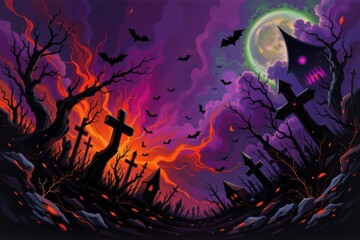 abstract halloween artwork with jagged black shapes, swirling orange textures, purple mist, and faint green highlights, scary chaotic energy conveyed visually.