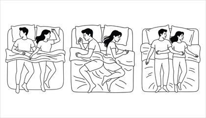 Couple Sleeping Positions Vector, Man and Woman in Bed Outline Illustration, Relationship Love Icon Set