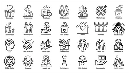 Charity Donation Icon Set Vector, Community Support Volunteer Outline Illustration, Social Care Line Art