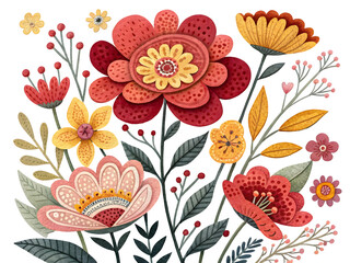 Vibrant folk art floral arrangement with layered paper flowers isolated on a transparent background paper collage