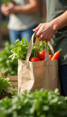 Woman holding reusable bag with fresh vegetables at market  