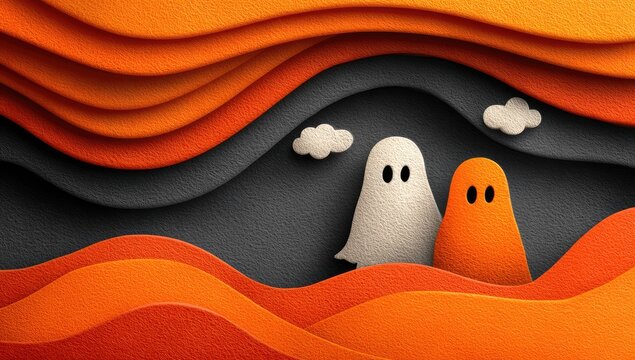 Paper-cut ghosts on orange and gray waves