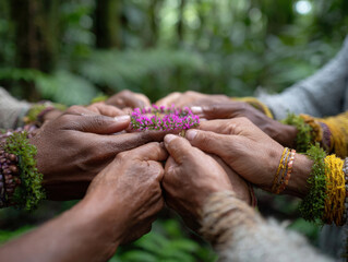 Shamans holding small pink flower wreath in rainforest: spiritual ceremony