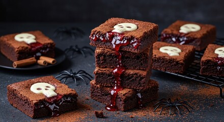 Spooky Halloween Brownies with Skull Decoration and Blood Red Filling